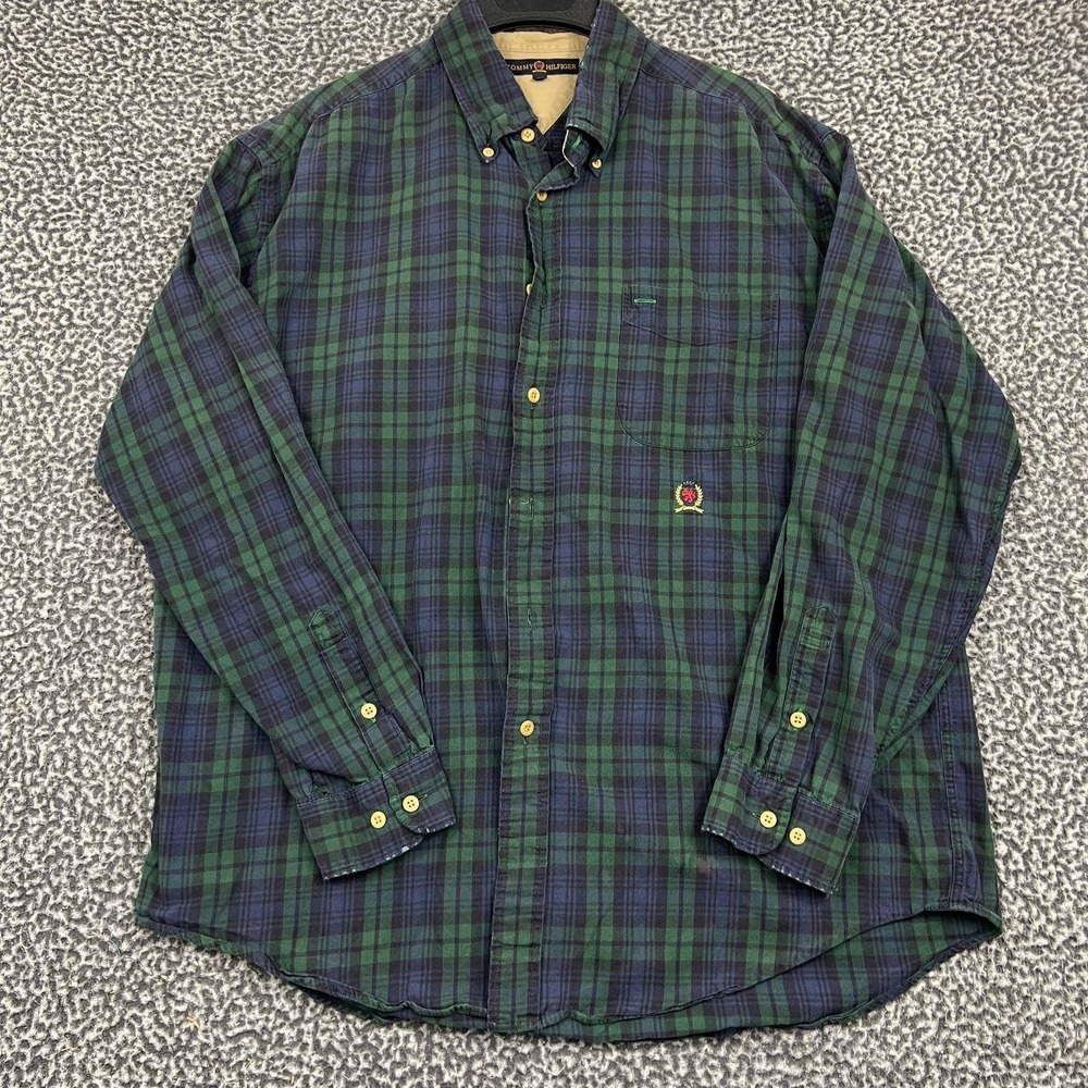 Tommy Hilfiger Men Large Plaid Long Sleeve Button Down Shirt Cotton Y2k